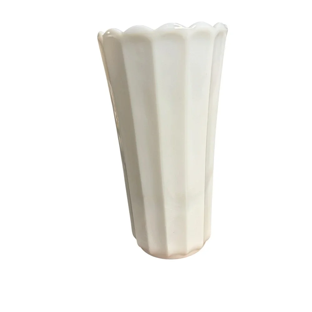 Vintage White Milk Glass Paneled Scalloped Rim Flower Vase 9 Inch Tapered Ribbed